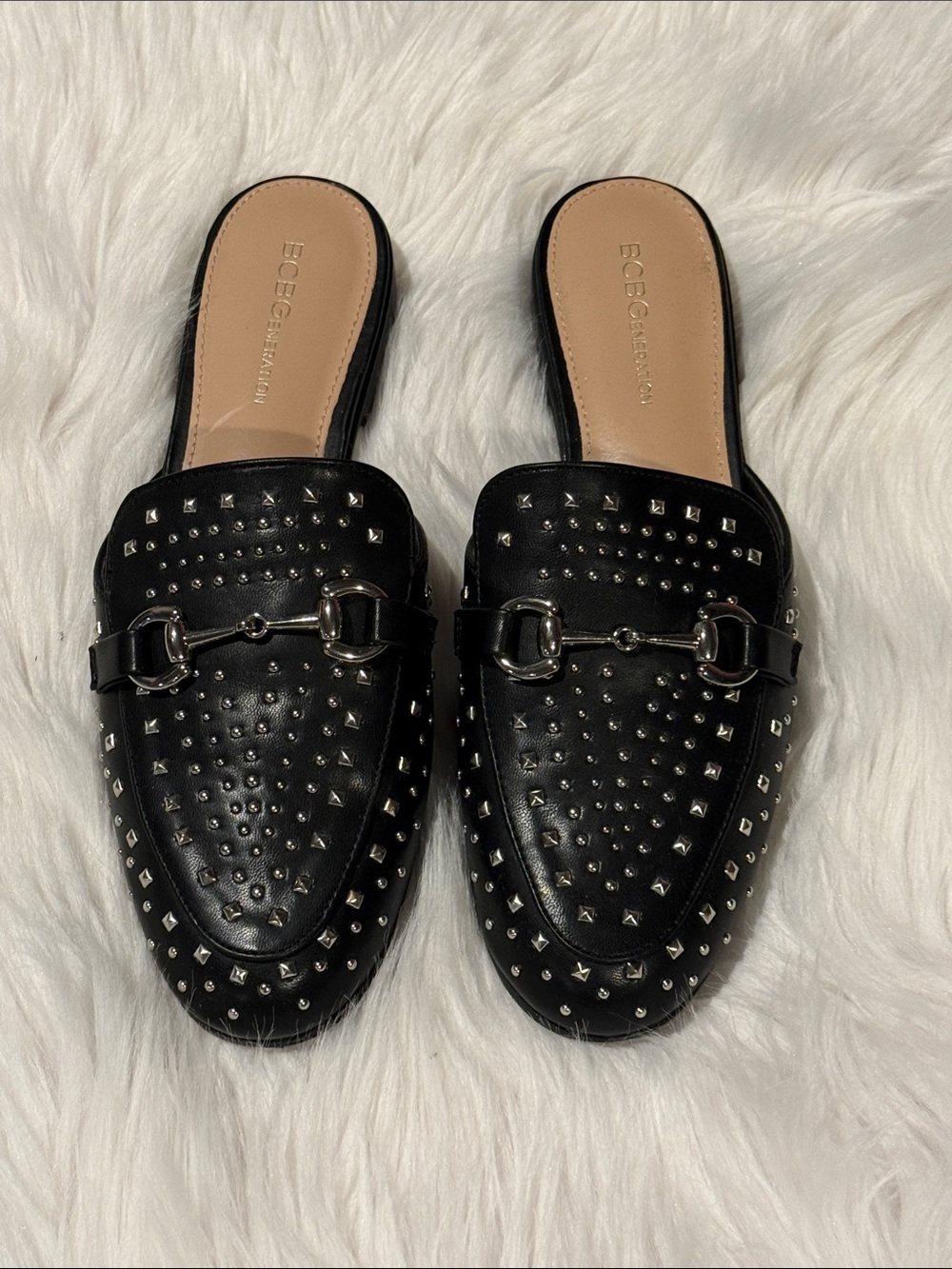 BCBGeneration Black Studded Leather Slip-On Mules